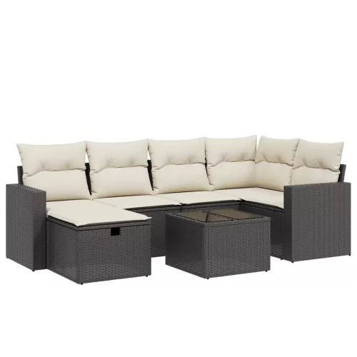  7 részes fekete polyrattan kerti ülőgarnitúra párnával