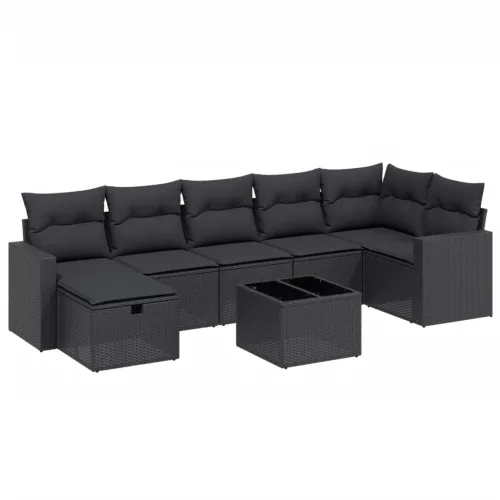  8 részes fekete polyrattan kerti ülőgarnitúra párnákkal