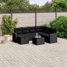    8 részes fekete polyrattan kerti ülőgarnitúra párnákkal