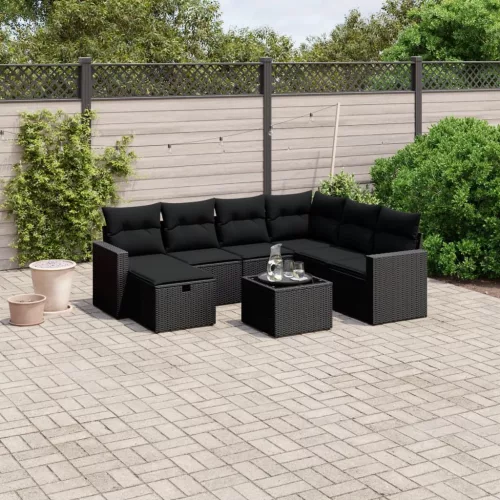  8 részes fekete polyrattan kerti ülőgarnitúra párnákkal