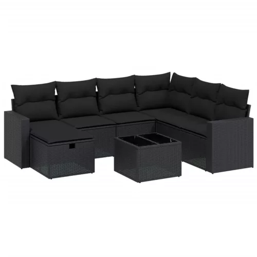  8 részes fekete polyrattan kerti ülőgarnitúra párnákkal