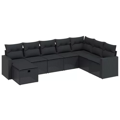  8 részes fekete polyrattan kerti ülőgarnitúra párnákkal