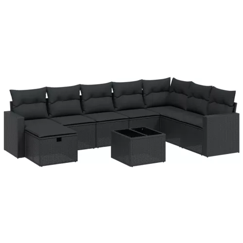  9 részes fekete polyrattan kerti ülőgarnitúra párnákkal