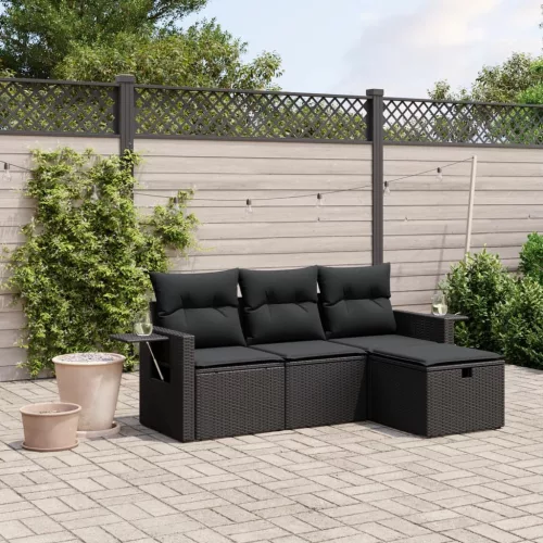  4 részes fekete polyrattan kerti ülőgarnitúra párnákkal