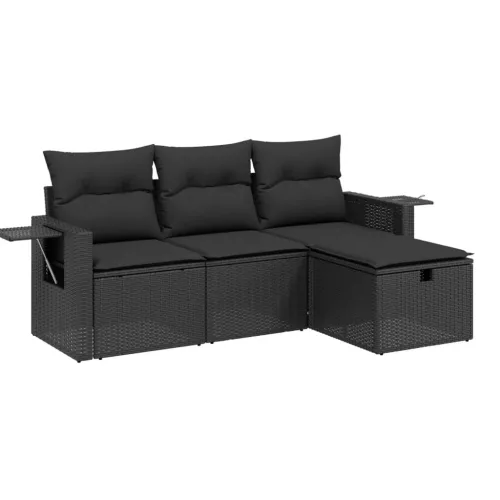  4 részes fekete polyrattan kerti ülőgarnitúra párnákkal