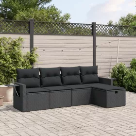  5 részes fekete polyrattan kerti kanapészett párnákkal