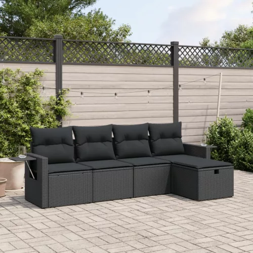  5 részes fekete polyrattan kerti kanapészett párnákkal
