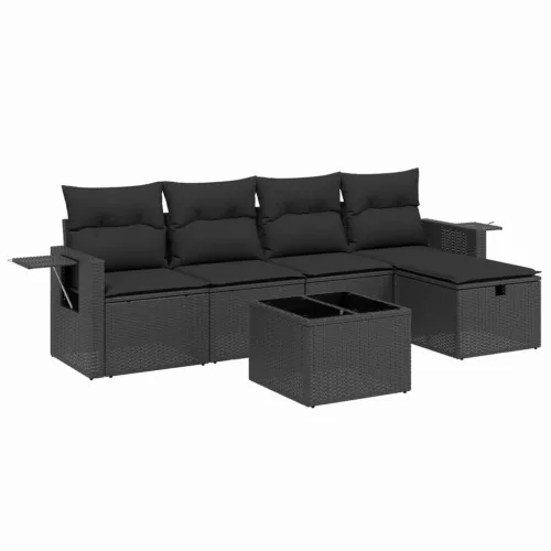  6 részes fekete polyrattan kerti ülőgarnitúra párnákkal