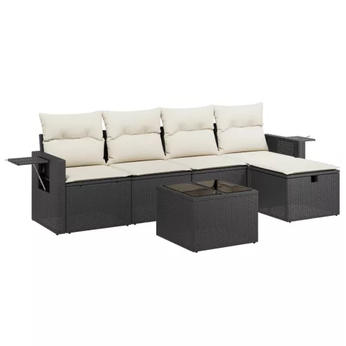 6 részes fekete polyrattan kerti ülőgarnitúra párnákkal