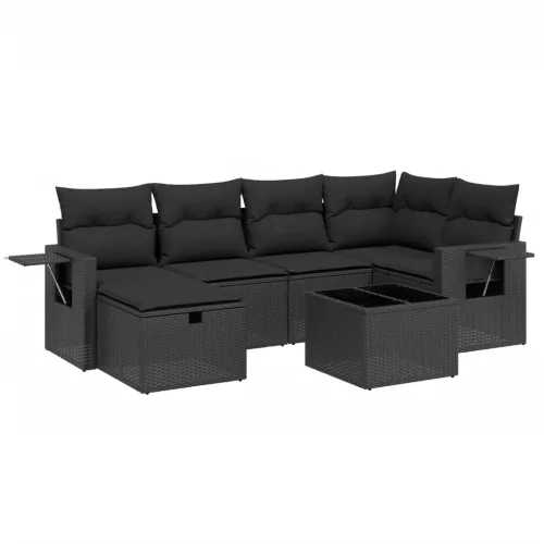  7 részes fekete polyrattan kerti ülőgarnitúra párnával