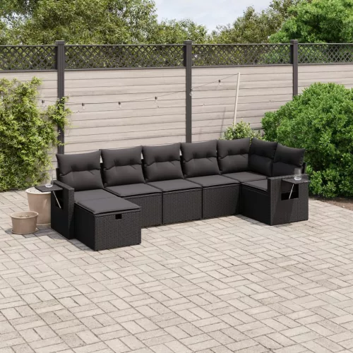  7 részes fekete polyrattan kerti ülőgarnitúra párnával