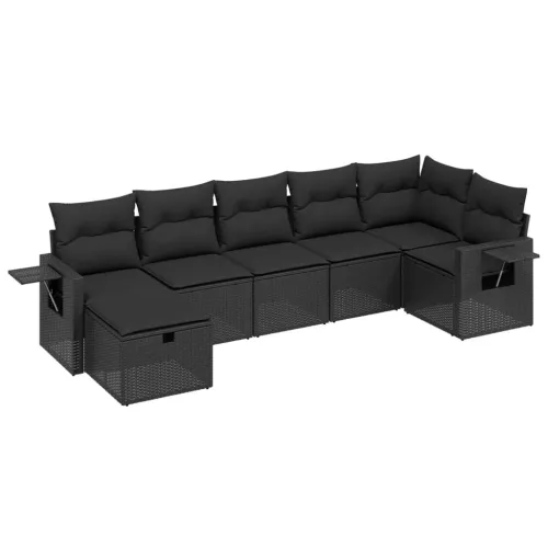  7 részes fekete polyrattan kerti ülőgarnitúra párnával