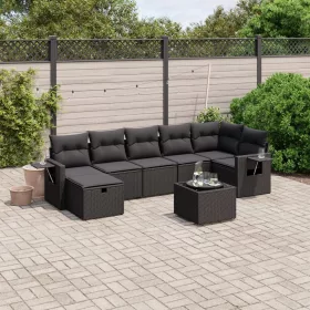    8 részes fekete polyrattan kerti ülőgarnitúra párnákkal