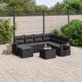    8 részes fekete polyrattan kerti ülőgarnitúra párnákkal