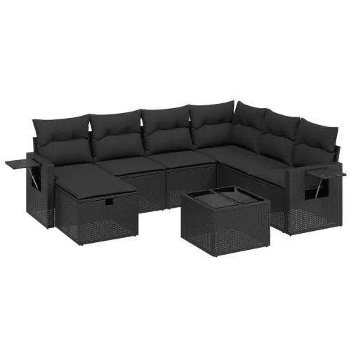  8 részes fekete polyrattan kerti ülőgarnitúra párnákkal