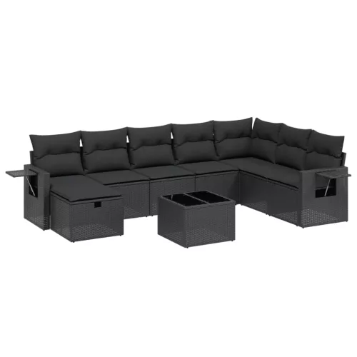  9 részes fekete polyrattan kerti ülőgarnitúra párnákkal