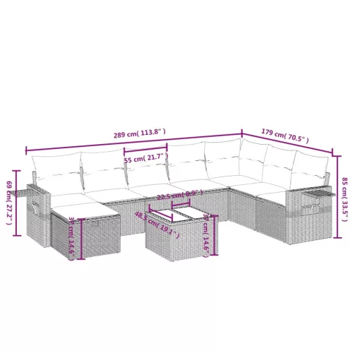  9 részes fekete polyrattan kerti ülőgarnitúra párnákkal