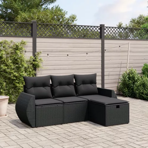  4 részes fekete polyrattan kerti ülőgarnitúra párnákkal