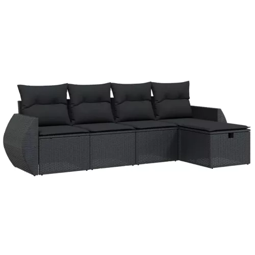  5 részes fekete polyrattan kerti kanapészett párnákkal