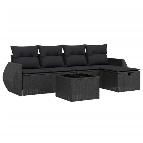  6 részes fekete polyrattan kerti ülőgarnitúra párnákkal