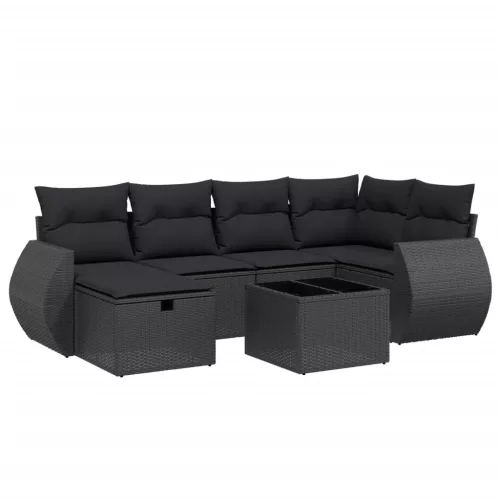 7 részes fekete polyrattan kerti ülőgarnitúra párnával