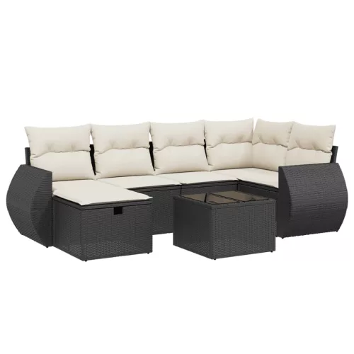  7 részes fekete polyrattan kerti ülőgarnitúra párnával