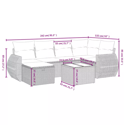  7 részes fekete polyrattan kerti ülőgarnitúra párnával