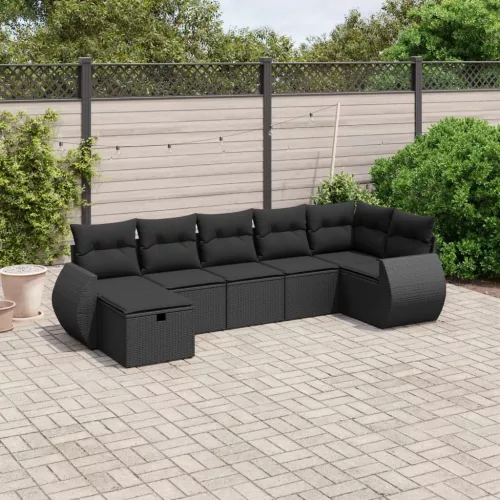  7 részes fekete polyrattan kerti ülőgarnitúra párnával