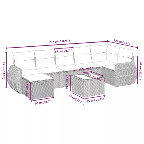  8 részes fekete polyrattan kerti ülőgarnitúra párnákkal