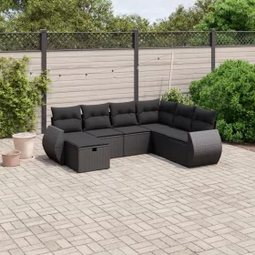    7 részes fekete polyrattan kerti ülőgarnitúra párnával