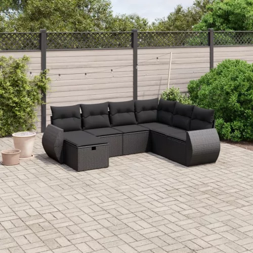  7 részes fekete polyrattan kerti ülőgarnitúra párnával