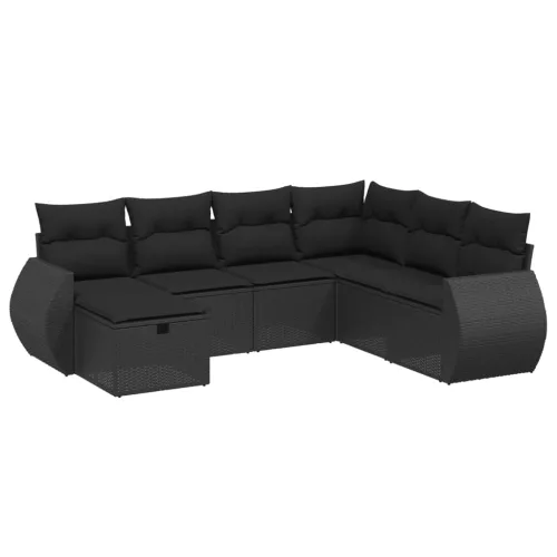  7 részes fekete polyrattan kerti ülőgarnitúra párnával