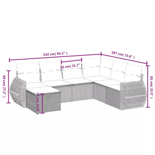  7 részes fekete polyrattan kerti ülőgarnitúra párnával