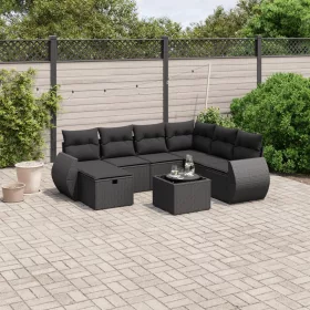    8 részes fekete polyrattan kerti ülőgarnitúra párnákkal