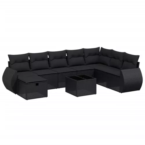  9 részes fekete polyrattan kerti ülőgarnitúra párnákkal