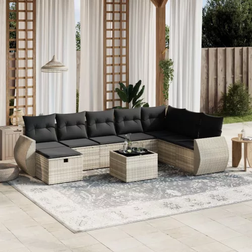  9 részes világosszürke polyrattan kerti ülőgarnitúra párnával