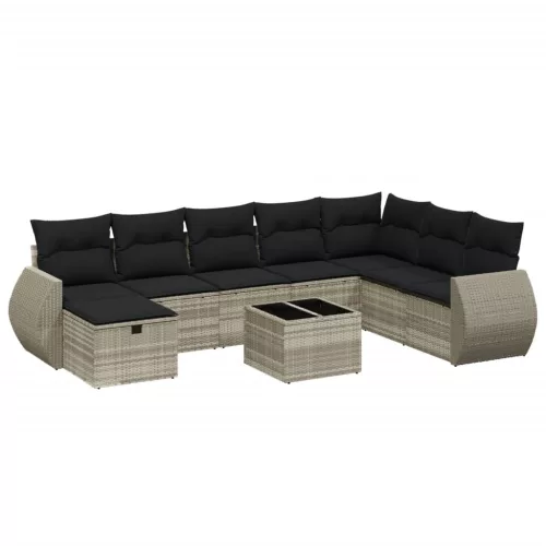  9 részes világosszürke polyrattan kerti ülőgarnitúra párnával