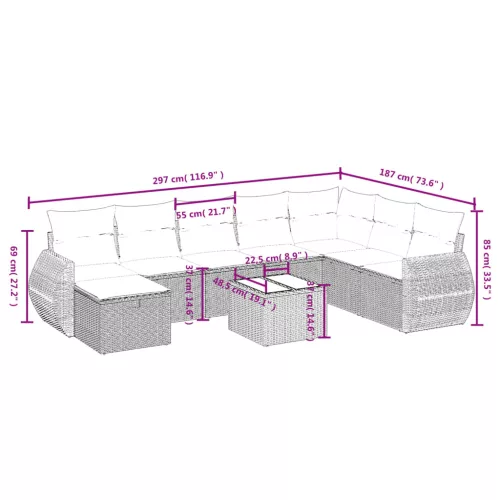  9 részes világosszürke polyrattan kerti ülőgarnitúra párnával