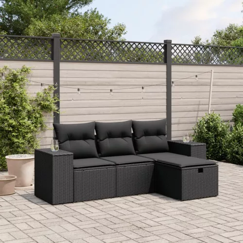  4 részes fekete polyrattan kerti ülőgarnitúra párnákkal