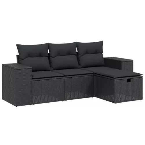  4 részes fekete polyrattan kerti ülőgarnitúra párnákkal