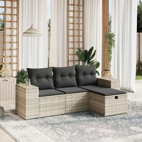  4 részes világosszürke polyrattan kerti ülőgarnitúra párnákkal