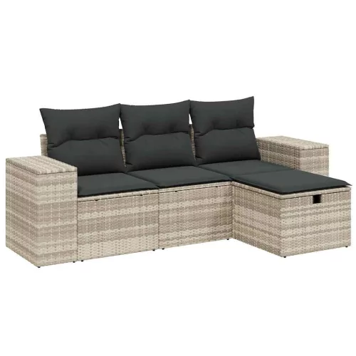  4 részes világosszürke polyrattan kerti ülőgarnitúra párnákkal