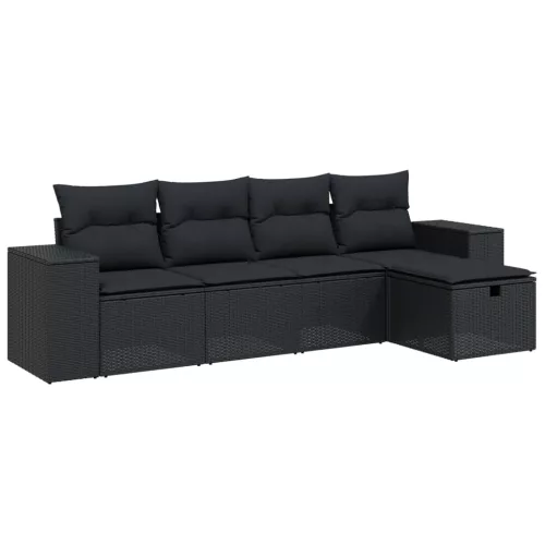  5 részes fekete polyrattan kerti kanapészett párnákkal