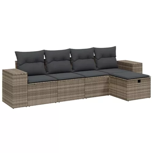  5 részes világosszürke polyrattan kerti ülőgarnitúra párnákkal