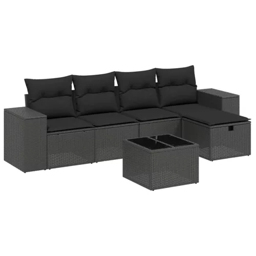  6 részes fekete polyrattan kerti ülőgarnitúra párnákkal