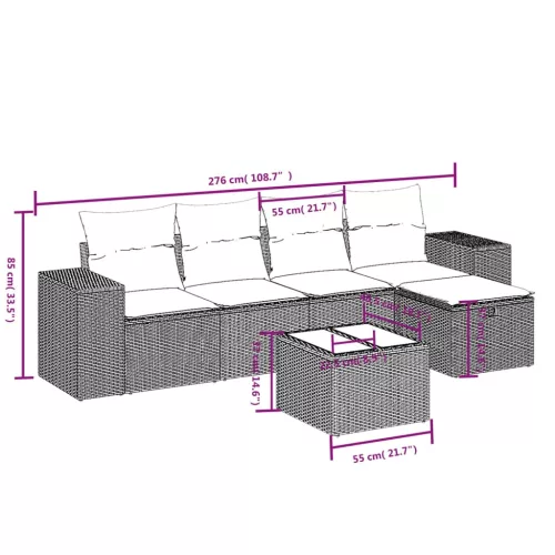  6 részes fekete polyrattan kerti ülőgarnitúra párnákkal