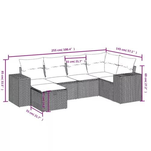  6 részes fekete polyrattan kerti ülőgarnitúra párnákkal