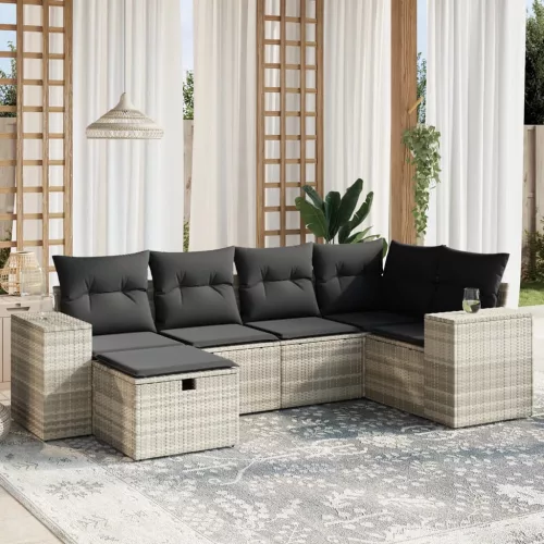  6 részes világosszürke polyrattan kerti ülőgarnitúra párnákkal
