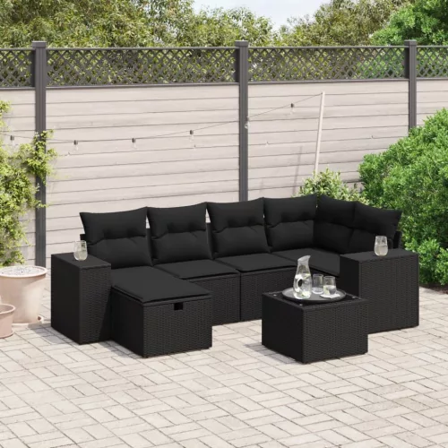  7 részes fekete polyrattan kerti ülőgarnitúra párnával