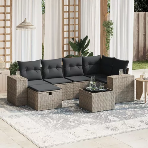  7 részes szürke polyrattan kerti ülőgarnitúra párnákkal